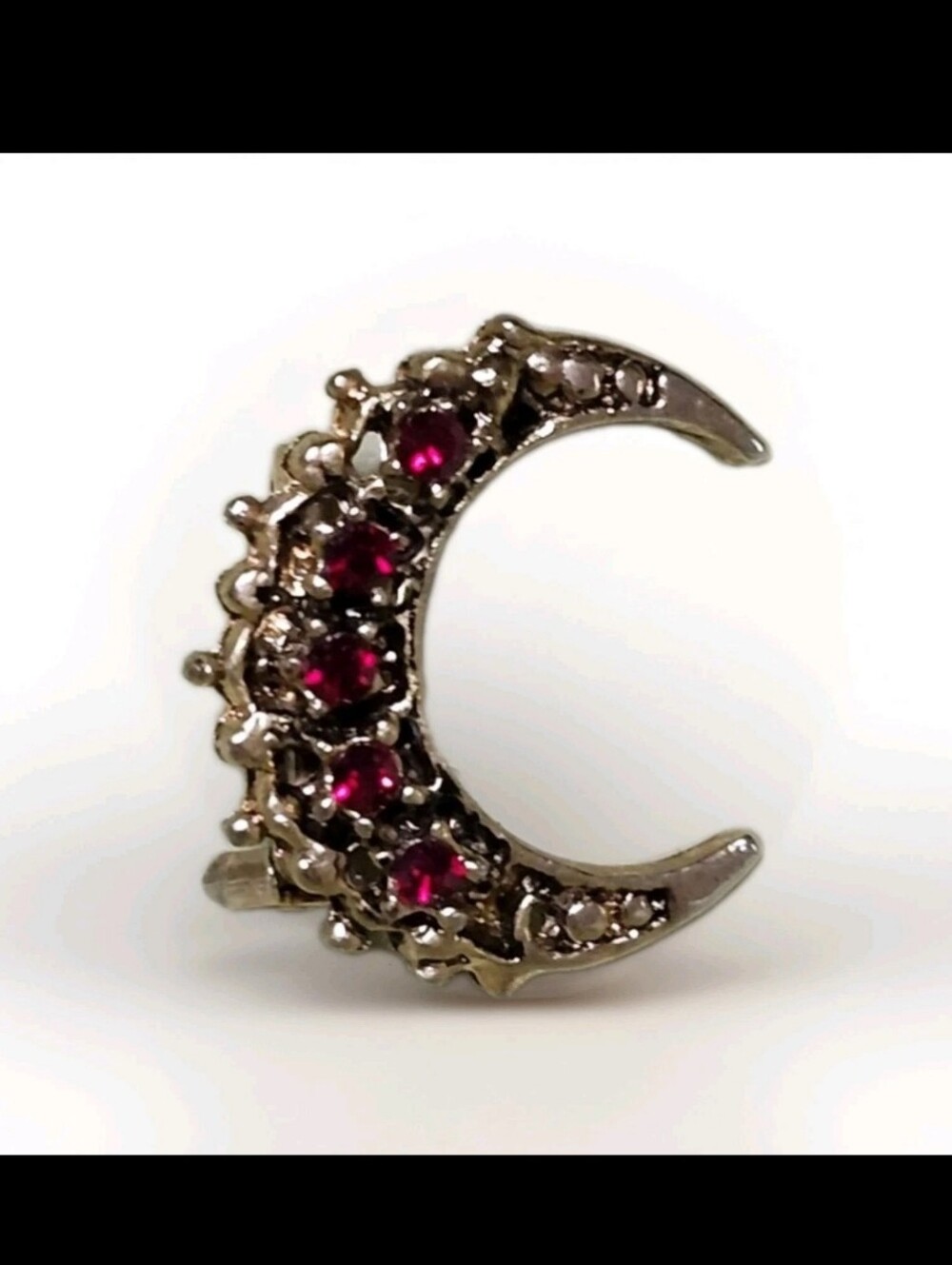 Vintage Crescent Moon Pin / Red Garnet Color Stone Gold Tone Metal